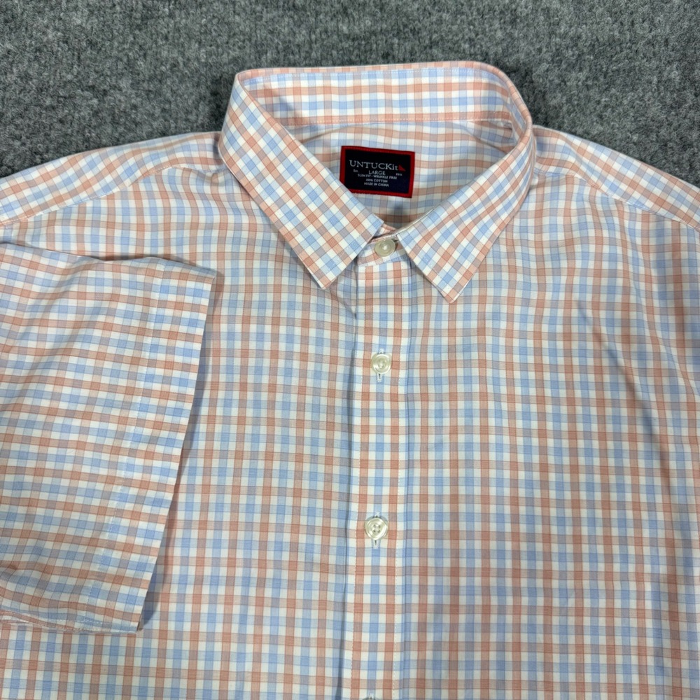 UNTUCKit Dezaley Plaid Short Sleeve Shirt Mens Large Orange Blue Cotton EUC